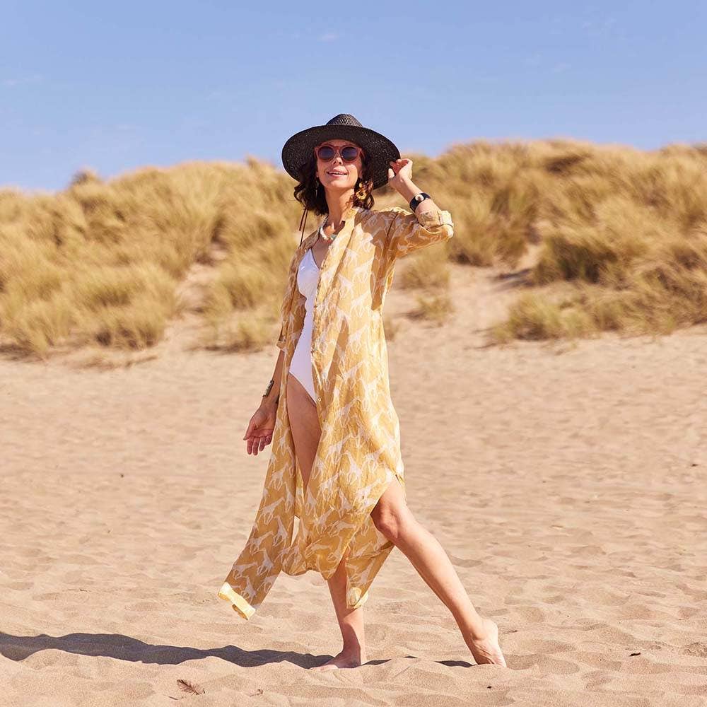 Giraffe Tan Cotton Long Shirt Dress, Brown / L