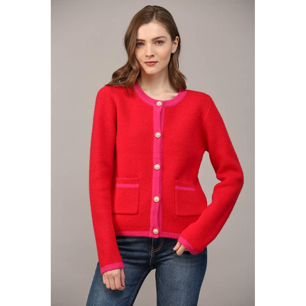 Front Button Color Block Cardigan Sweater