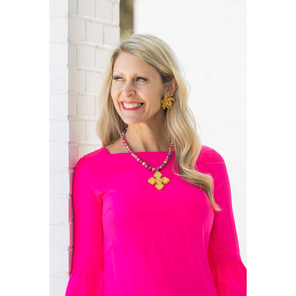 Pink and Blue Rainflower Jasper with Megan Cross Necklace