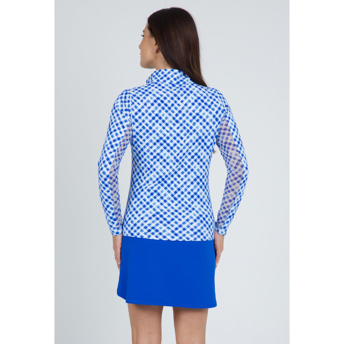 Gingham Check Print Long Sleeve Mock Neck Top