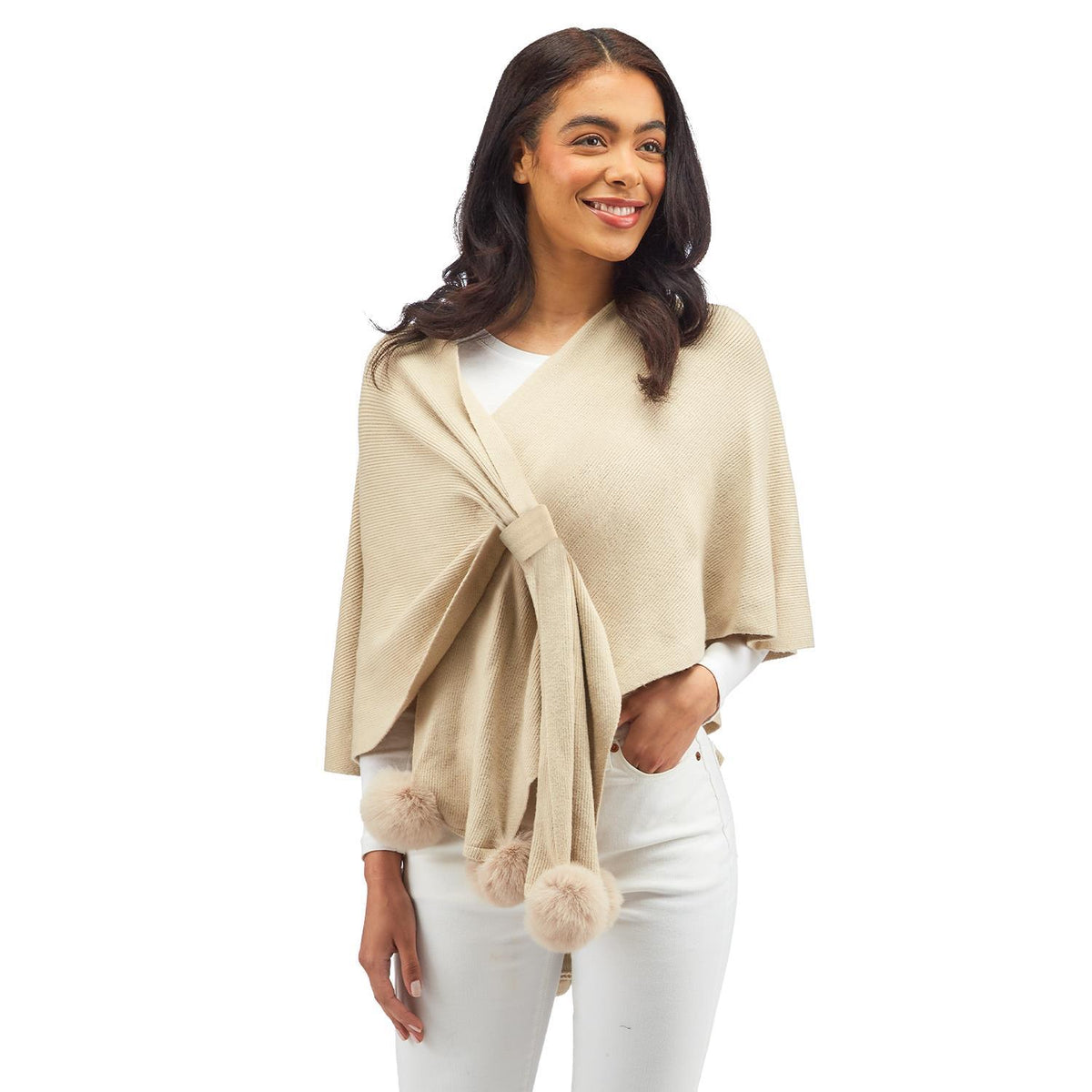 Asymmetric Ribbed Knit Shawl with Pom Ends