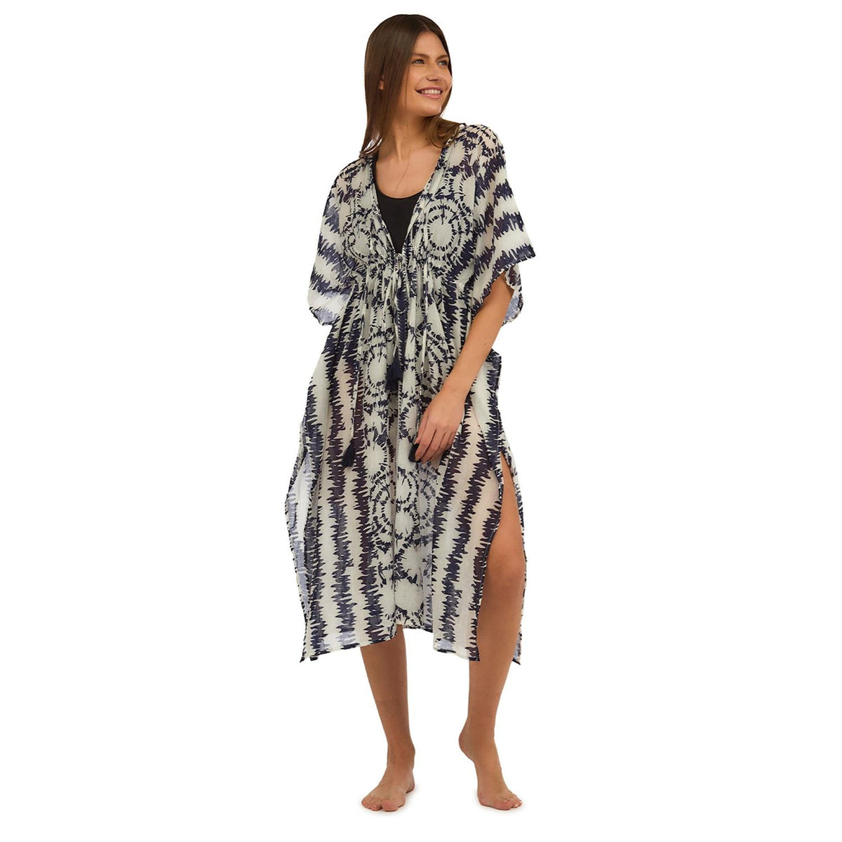Blue and White Abstract Kaftan with Adjustable Ties