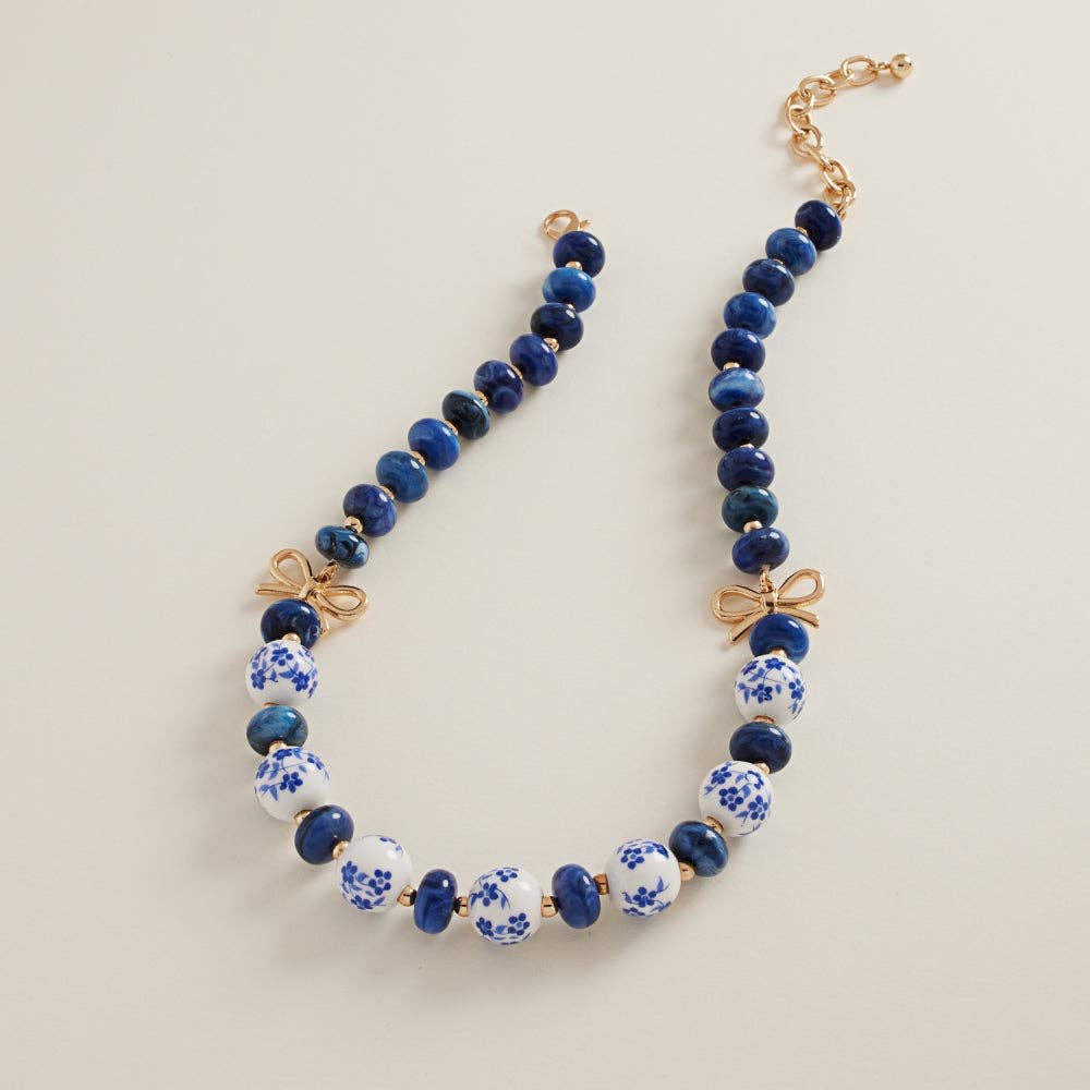 Mixed Ceramic Beads Metal Ribbon Necklace