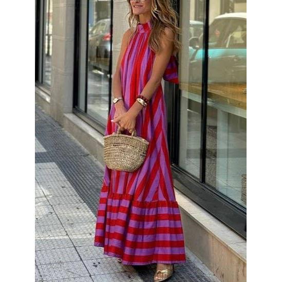 Halterneck Backless Striped Maxi Dress Rose Red / L