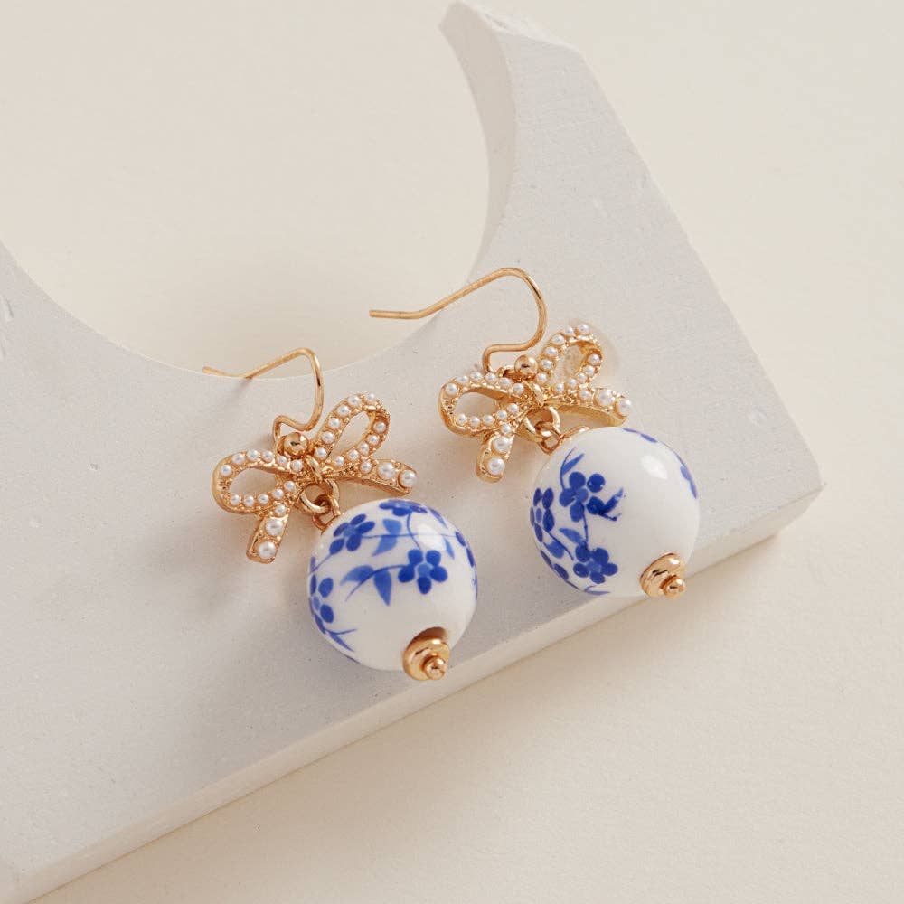 Round Shaped Ceramic Bead Brass Hook Earrings