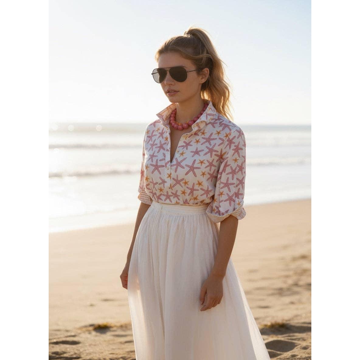 3/4 Sleeve Cotton Starfish Print Blouse