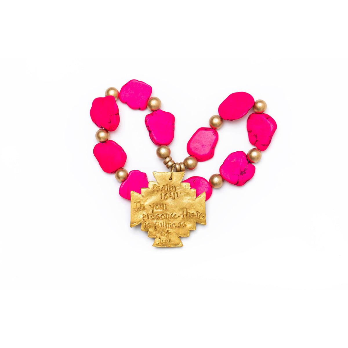 Hot Pink Jade Nuggets with Jerusalem Cross Necklace