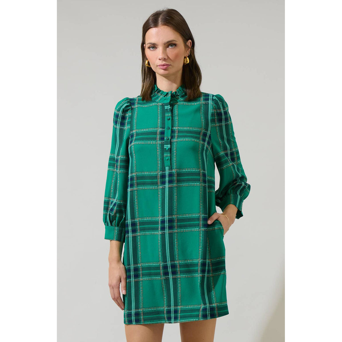 Woodland Jade Plaid Lorna Shift Mini Dress