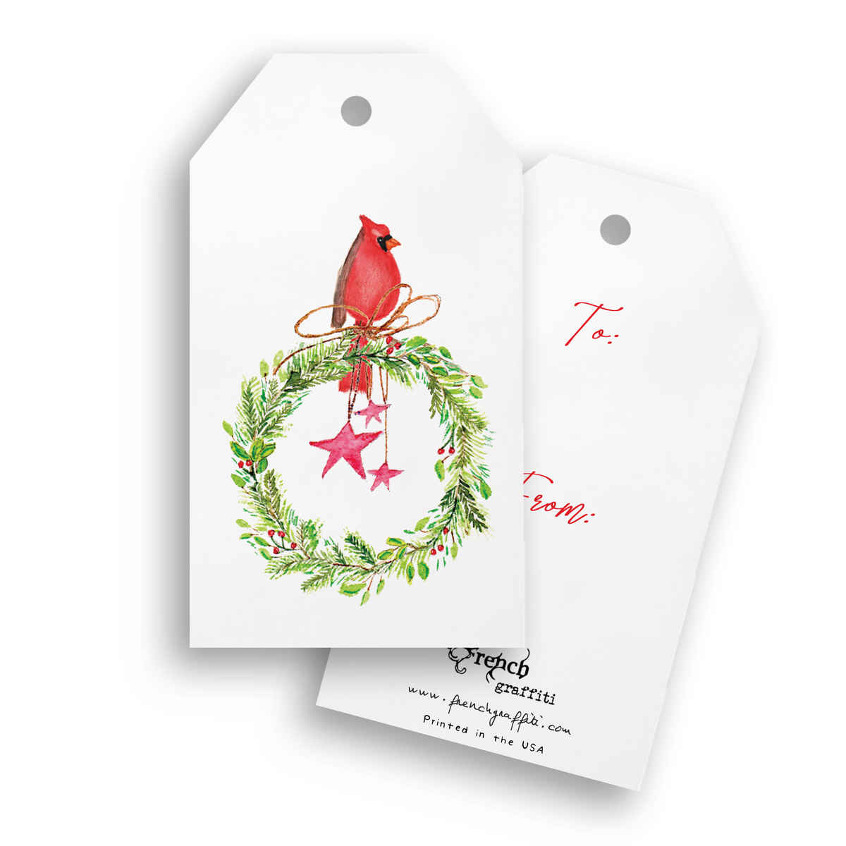 Cardinal Sitting On Wreath with Stars Gift Tags | Pack of 4