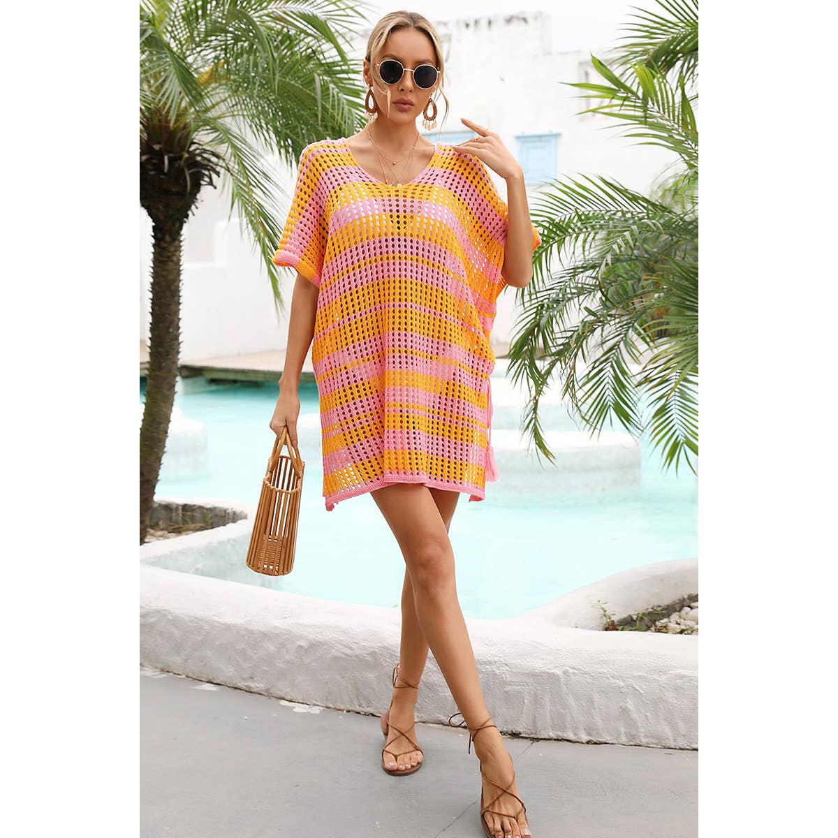 Striped Colorblocked Crochet Cover Up