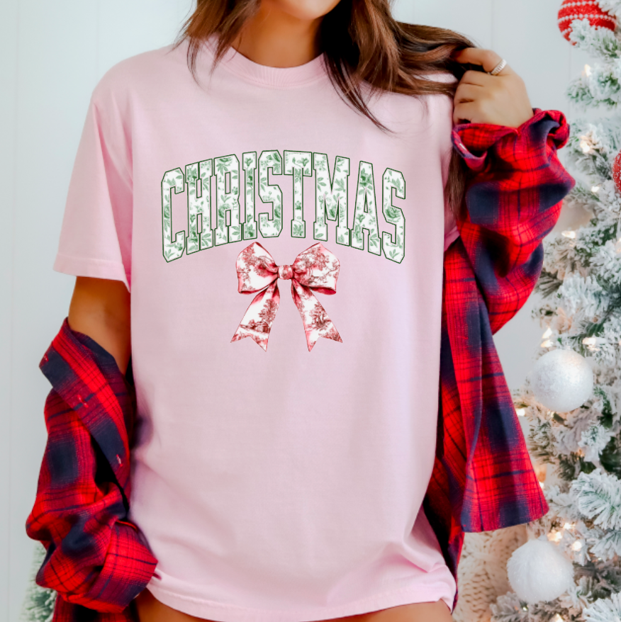 Preppy Toile Christmas Coquette Bow Tee