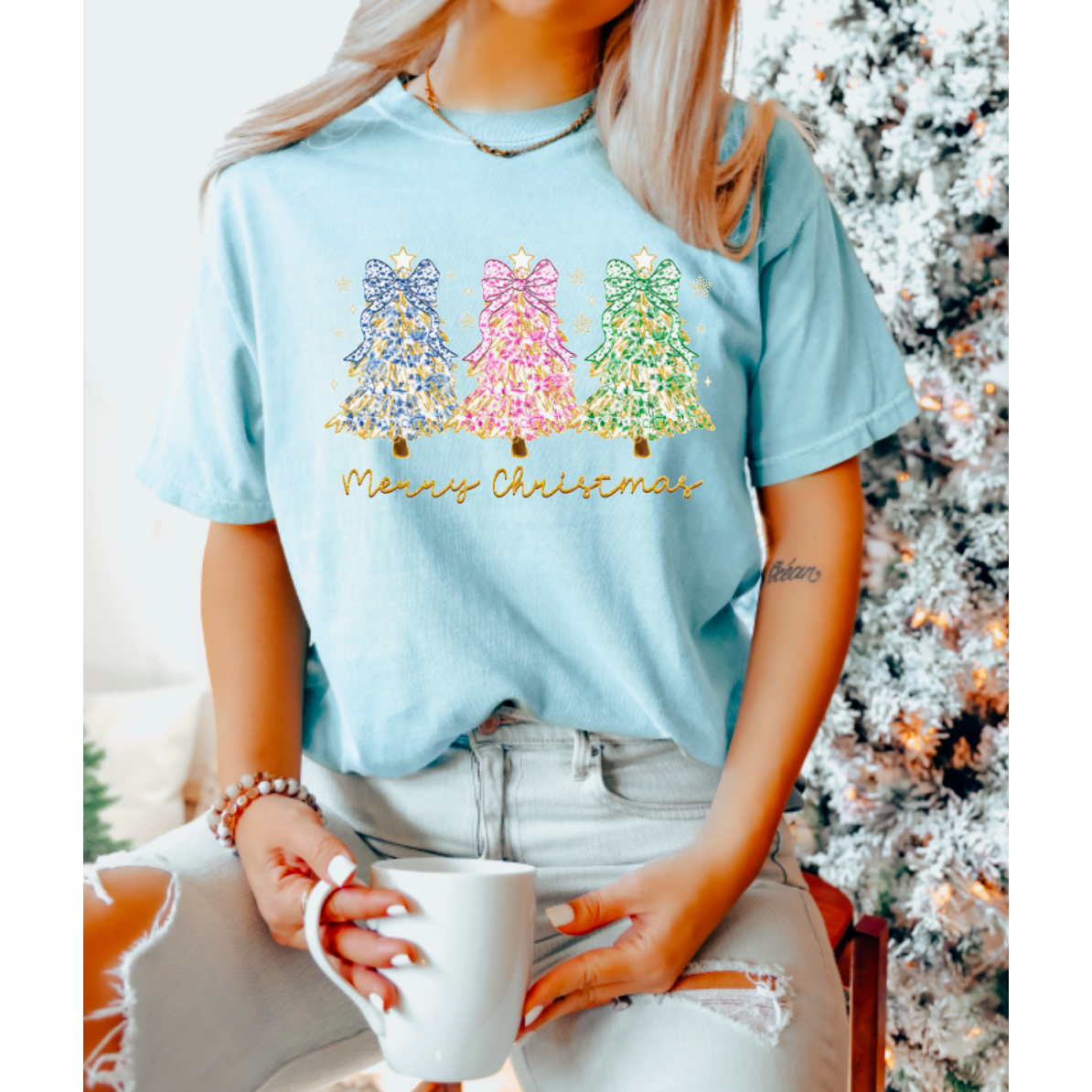 Preppy Chinoiserie Coquette Christmas Trees Graphic Tee  
