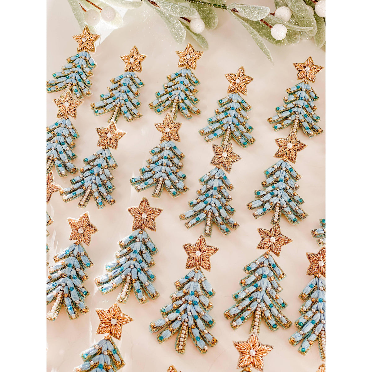 Blue Raffia Christmas Tree Earrings