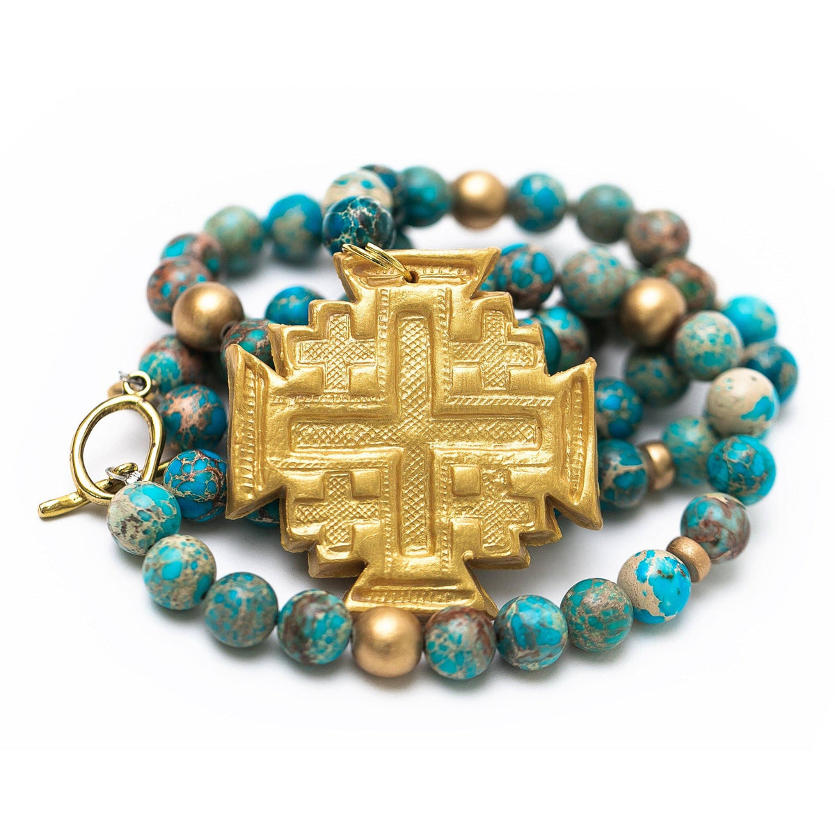 Double Strand Turquoise Sea Sediment Jasper with Jerusalem Cross Necklace