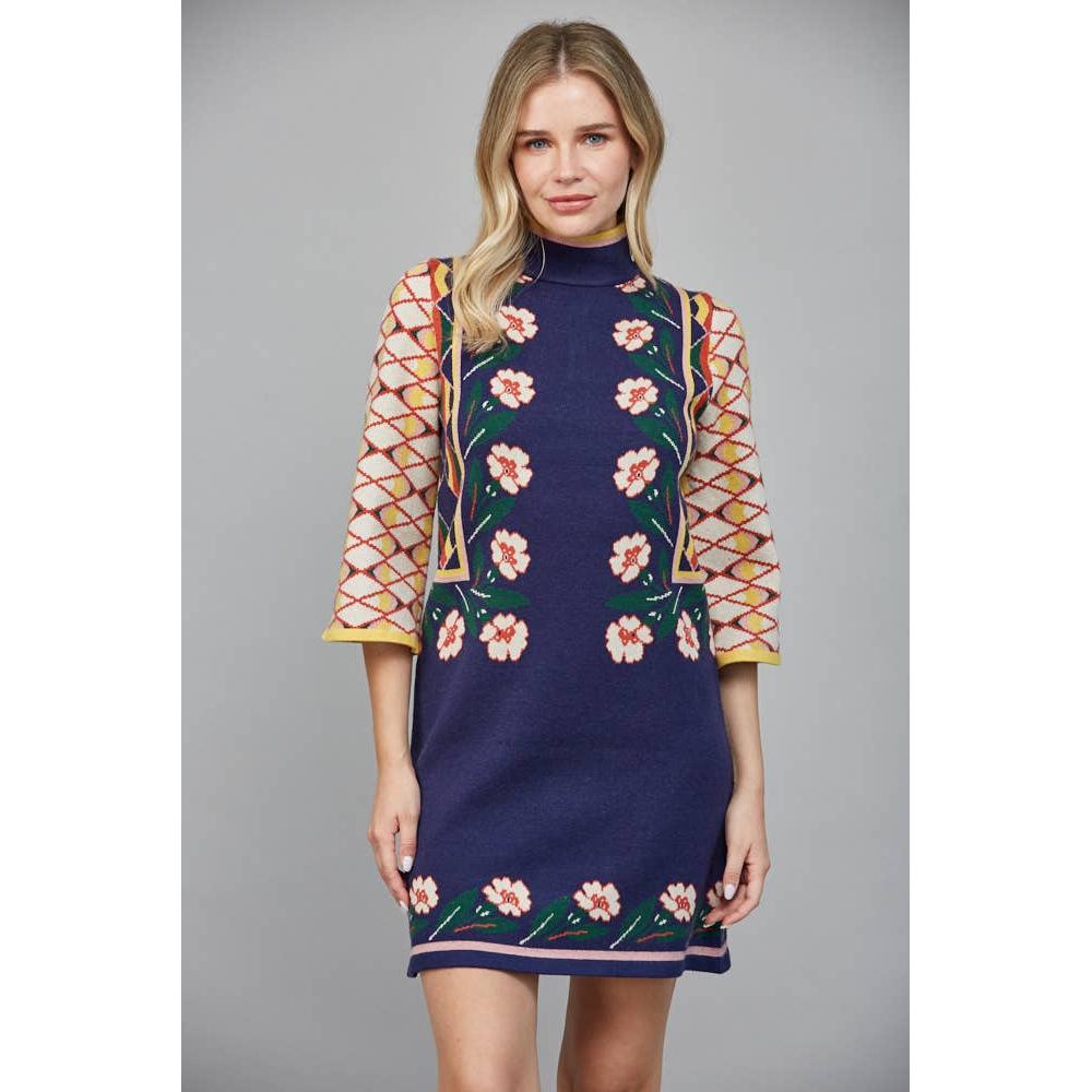 Floral Motif High Neck Sweater Dress