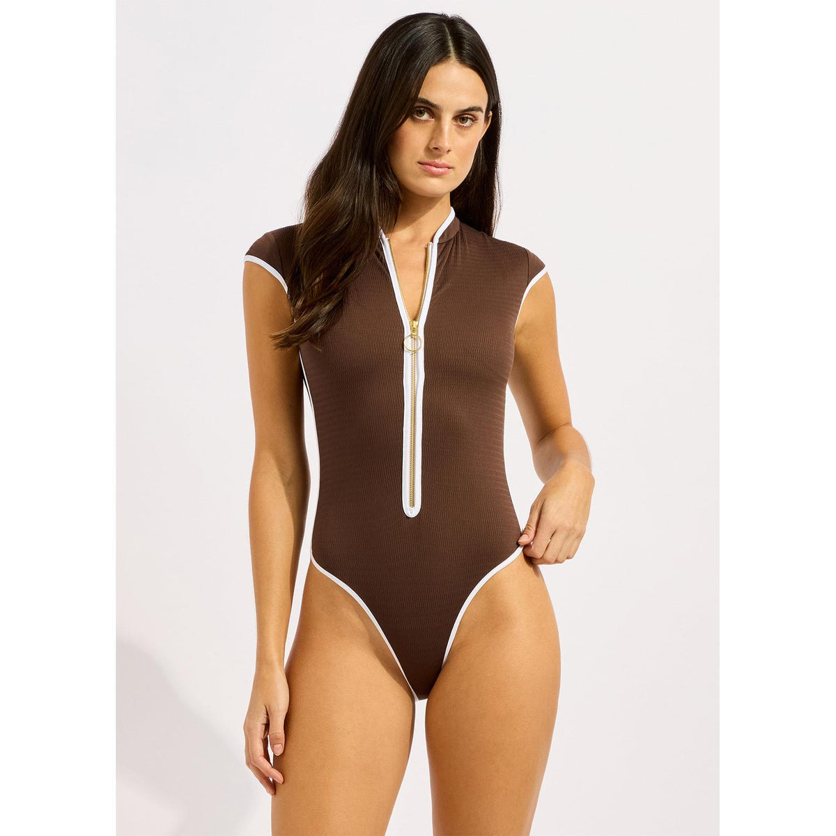 Beach Bound Cap Sleeve Zip Front One Piece