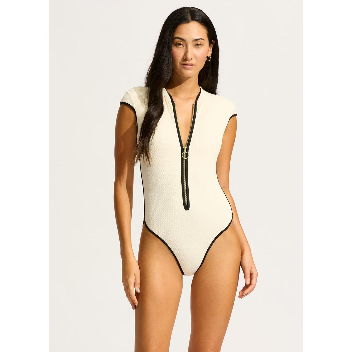 Beach Bound Ecru Cap Sleeve Zip Front One Piece