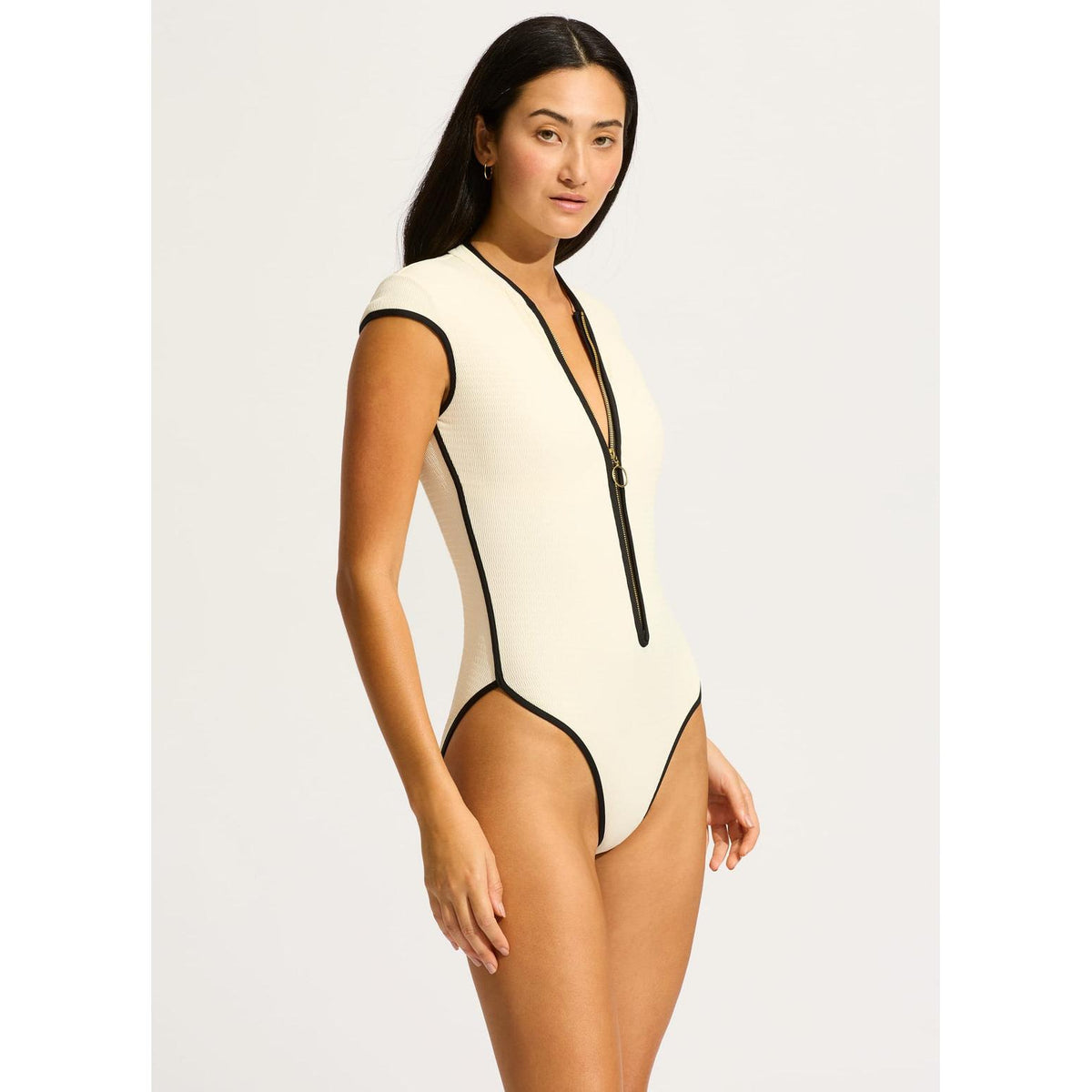 Beach Bound Ecru Cap Sleeve Zip Front One Piece