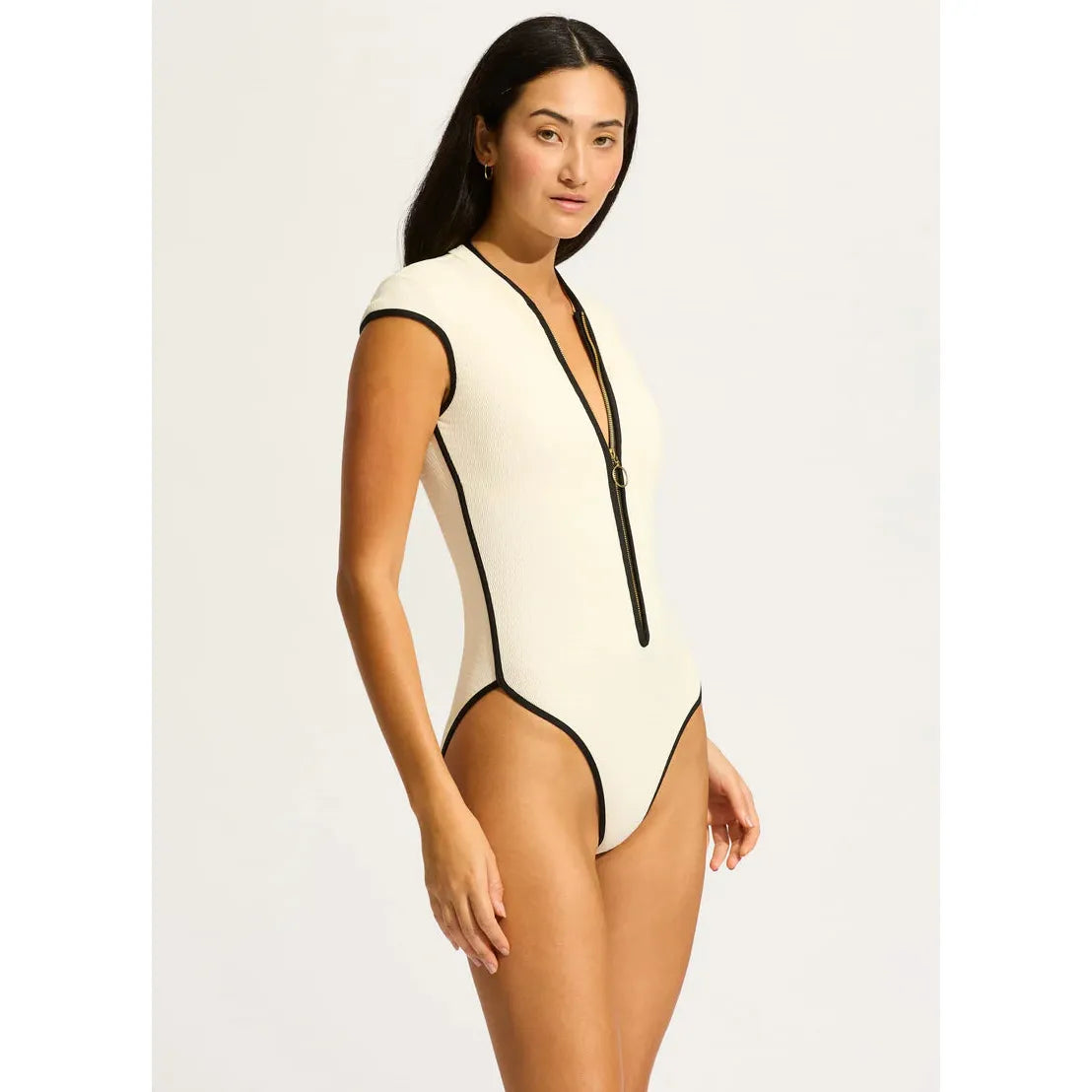Beach Bound Ecru Cap Sleeve Zip Front One Piece