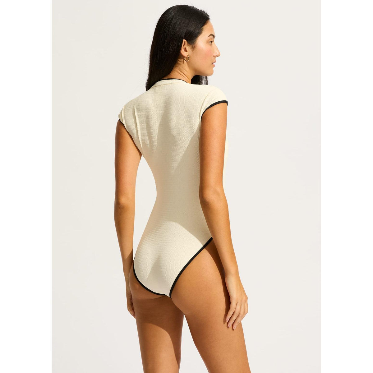 Beach Bound Ecru Cap Sleeve Zip Front One Piece