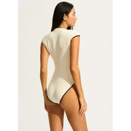 Beach Bound Ecru Cap Sleeve Zip Front One Piece