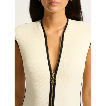 Beach Bound Ecru Cap Sleeve Zip Front One Piece
