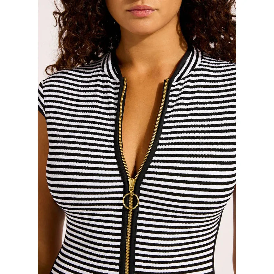 Clubhouse Black Cap Sleeve Zip Front One Piece