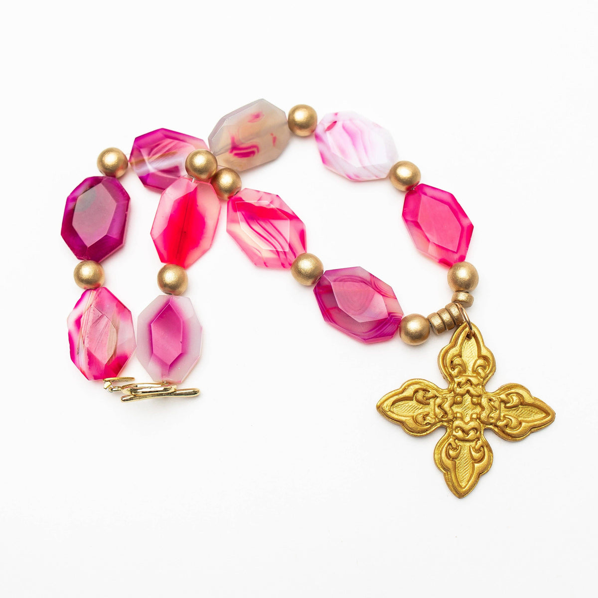 Pink Fire Agate Nuggets with Kait Cross Necklace