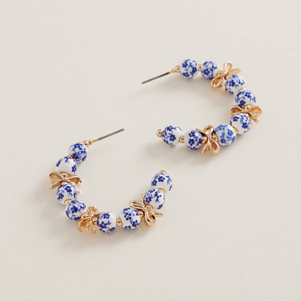 Round Ceramic Bead Brass Hoop Earrings