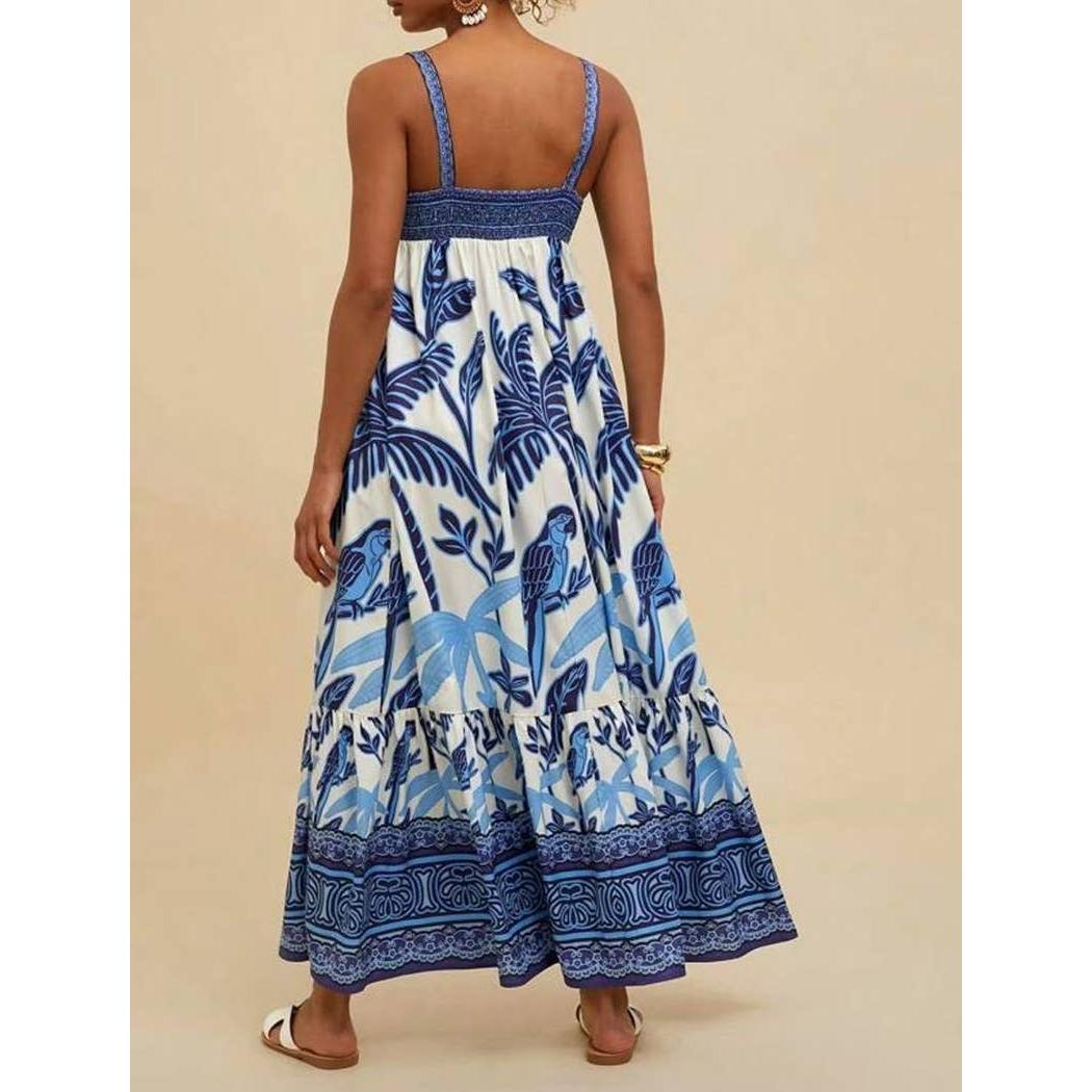 Tropical Palm Print Maxi Dress with Tiered Hem