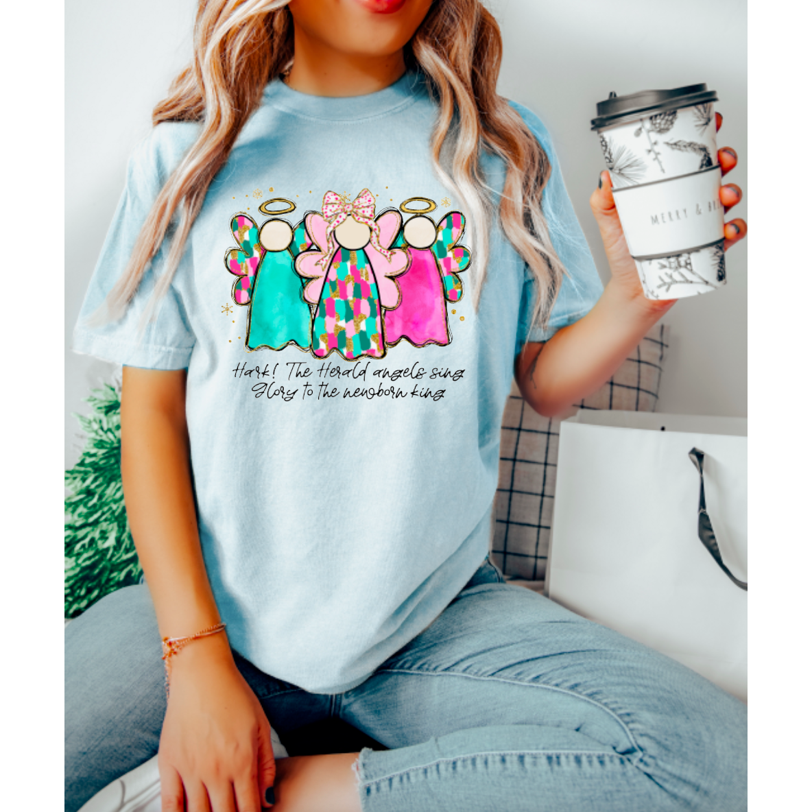 Watercolor Christmas Coquette Angels Tee