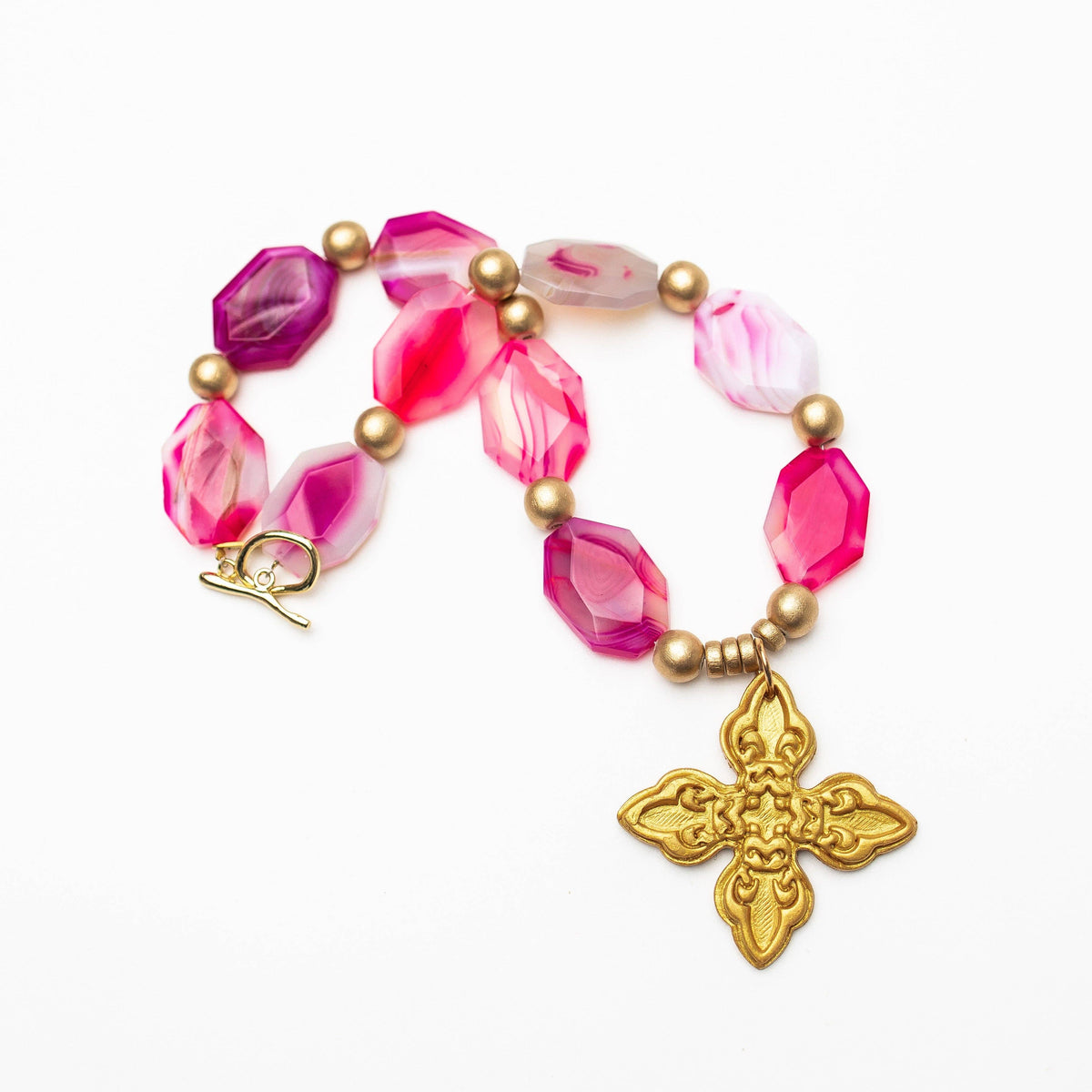 Pink Fire Agate Nuggets with Kait Cross Necklace