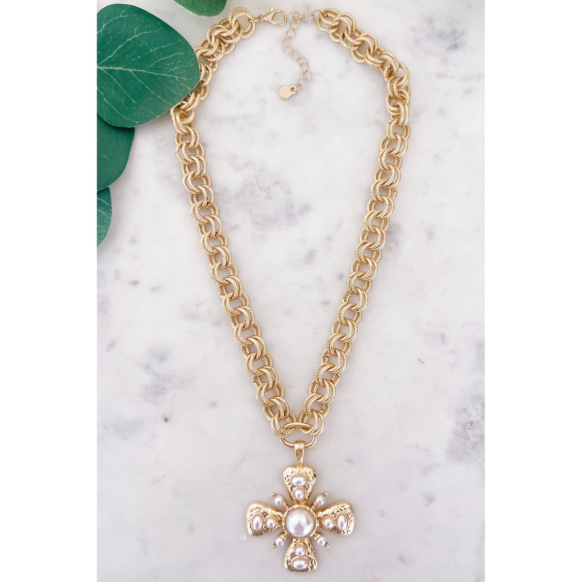 Vintage Gold Pearl Cross Necklace