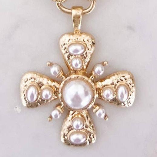 Vintage Gold Pearl Cross Necklace