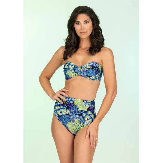 Print Mid Rise Gather Front Bikini Bottom