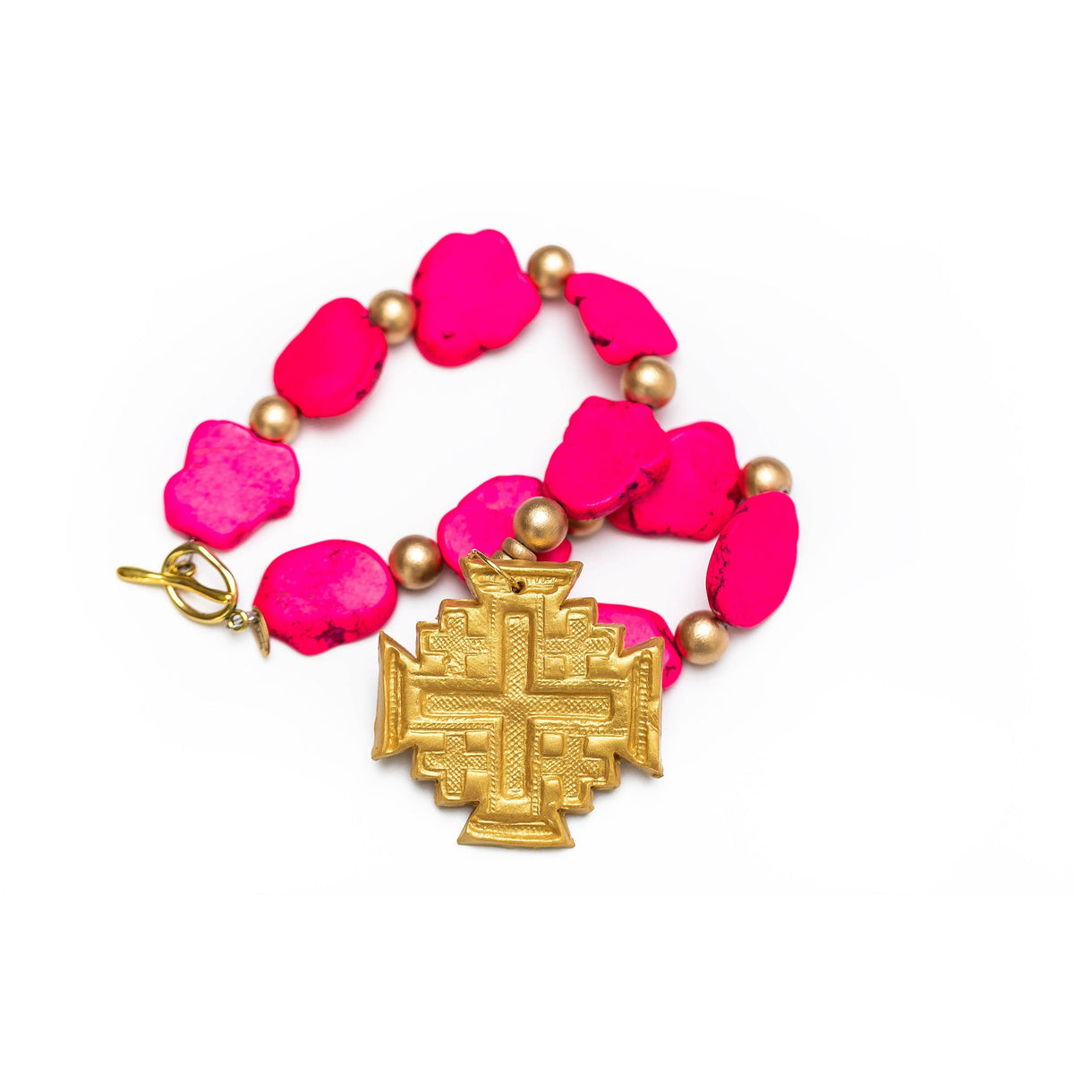 Hot Pink Jade Nuggets with Jerusalem Cross Necklace