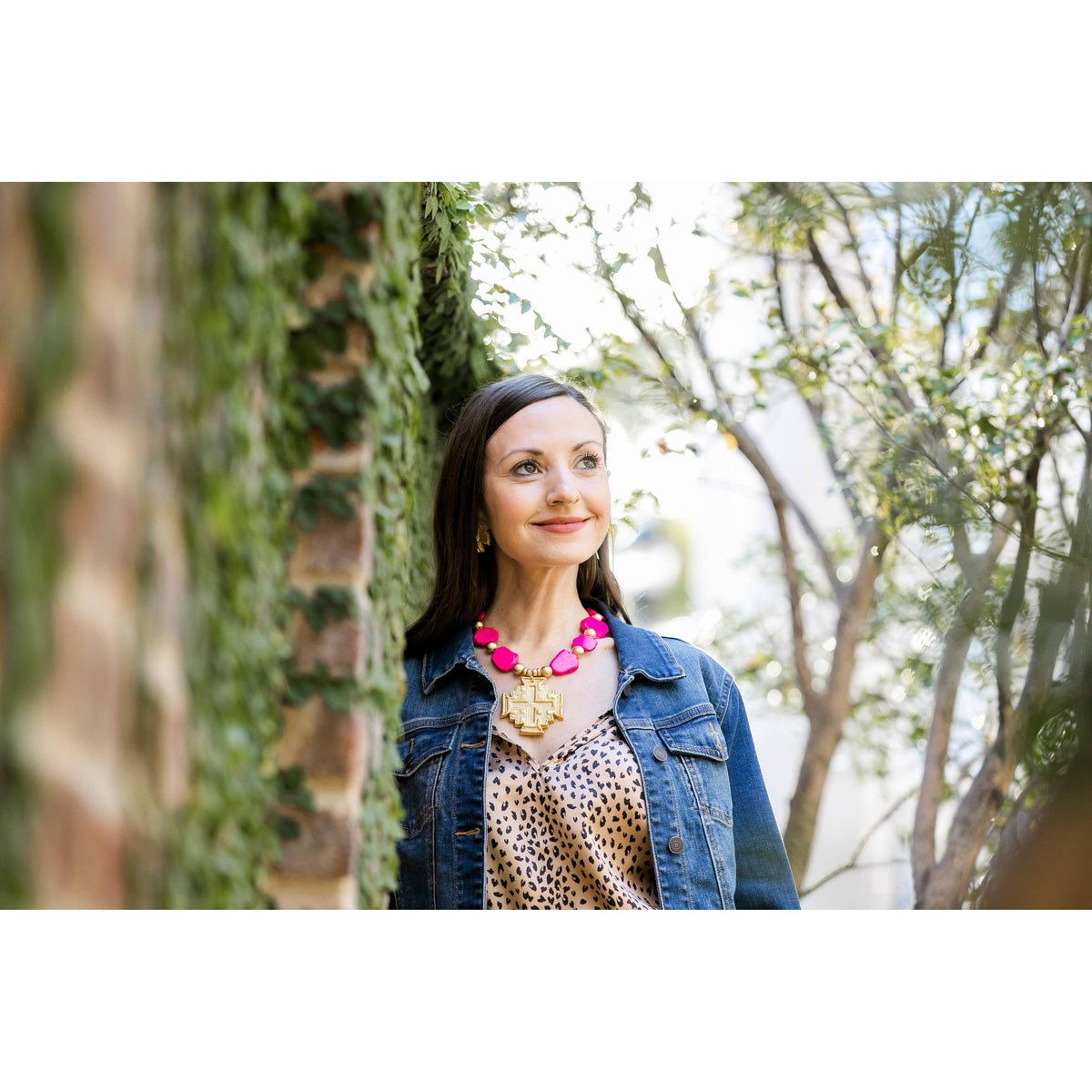 Hot Pink Jade Nuggets with Jerusalem Cross Necklace
