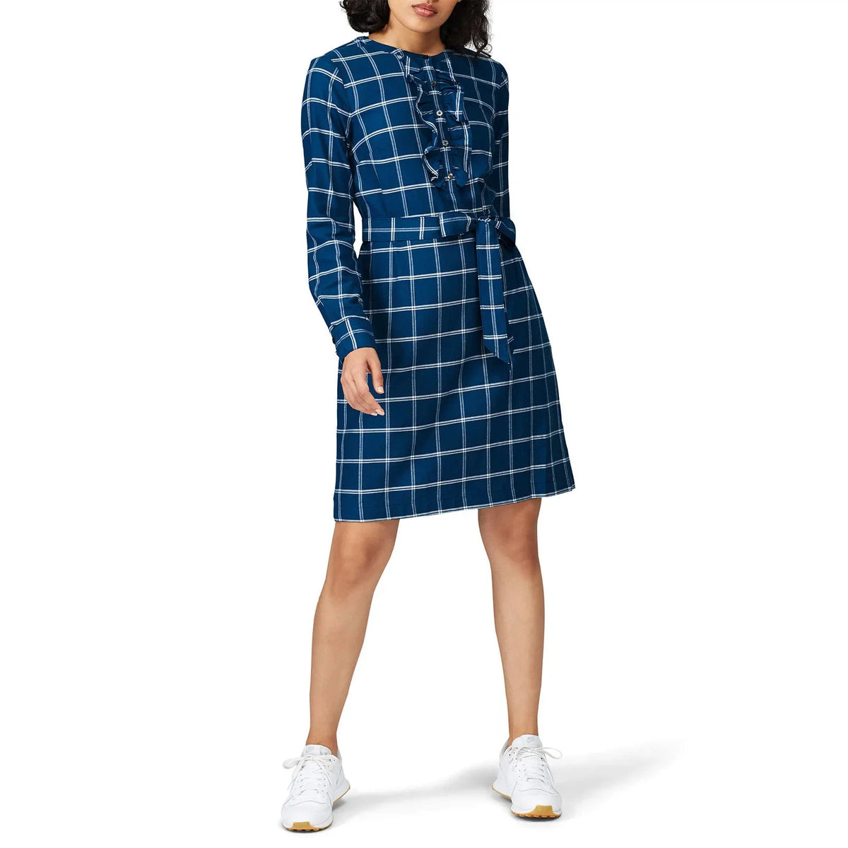 Windowpane Ruffle Shirt Dress