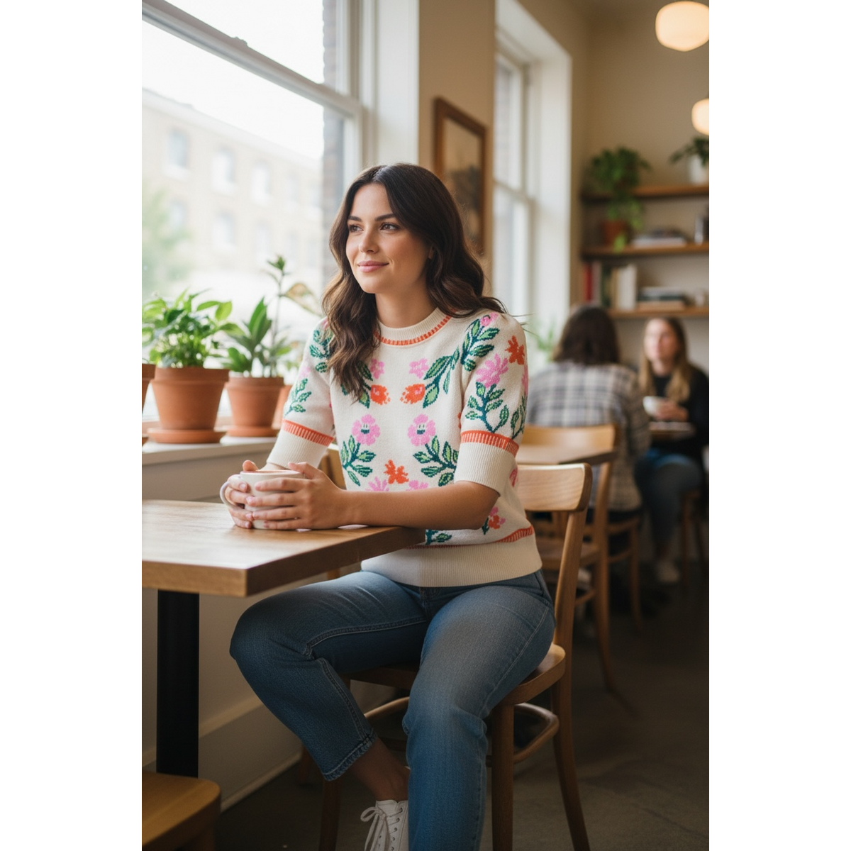 Short Sleeve Floral Detail Knitted Top