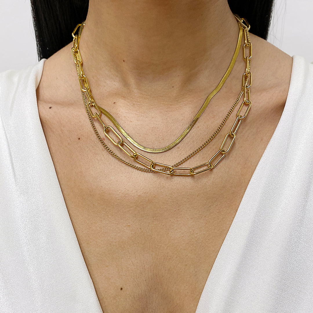 Paper Clip, Snake Chain and Curb Chain Necklace Set