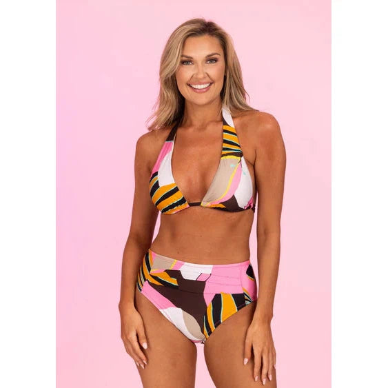 Print Mid Rise Gather Front Bikini Bottom