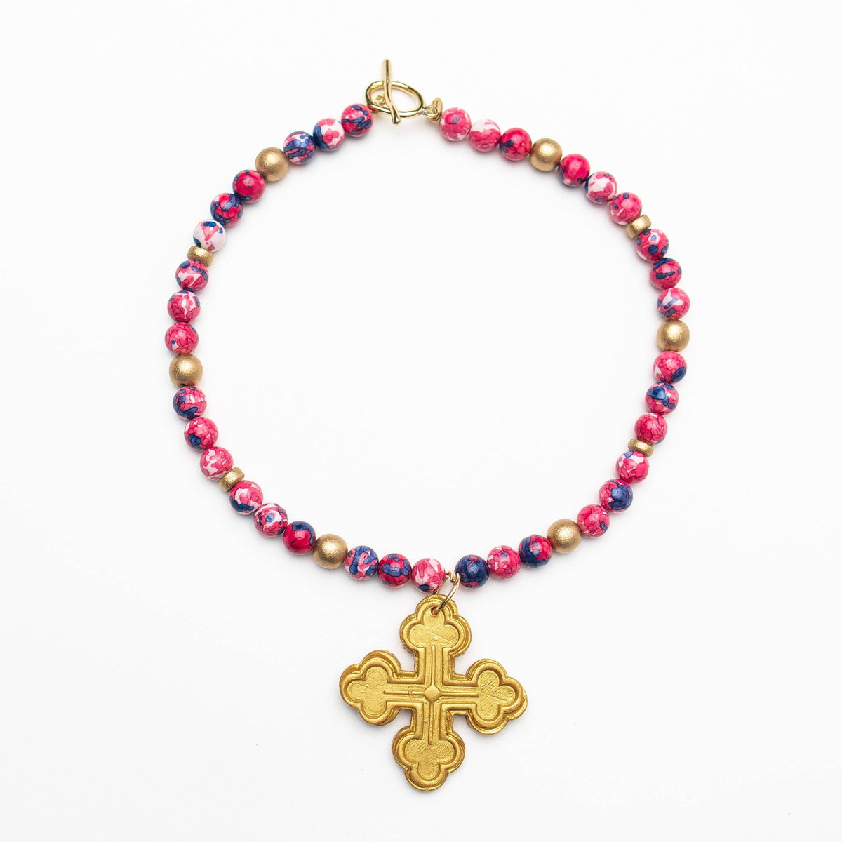 Pink and Blue Rainflower Jasper with Megan Cross Necklace