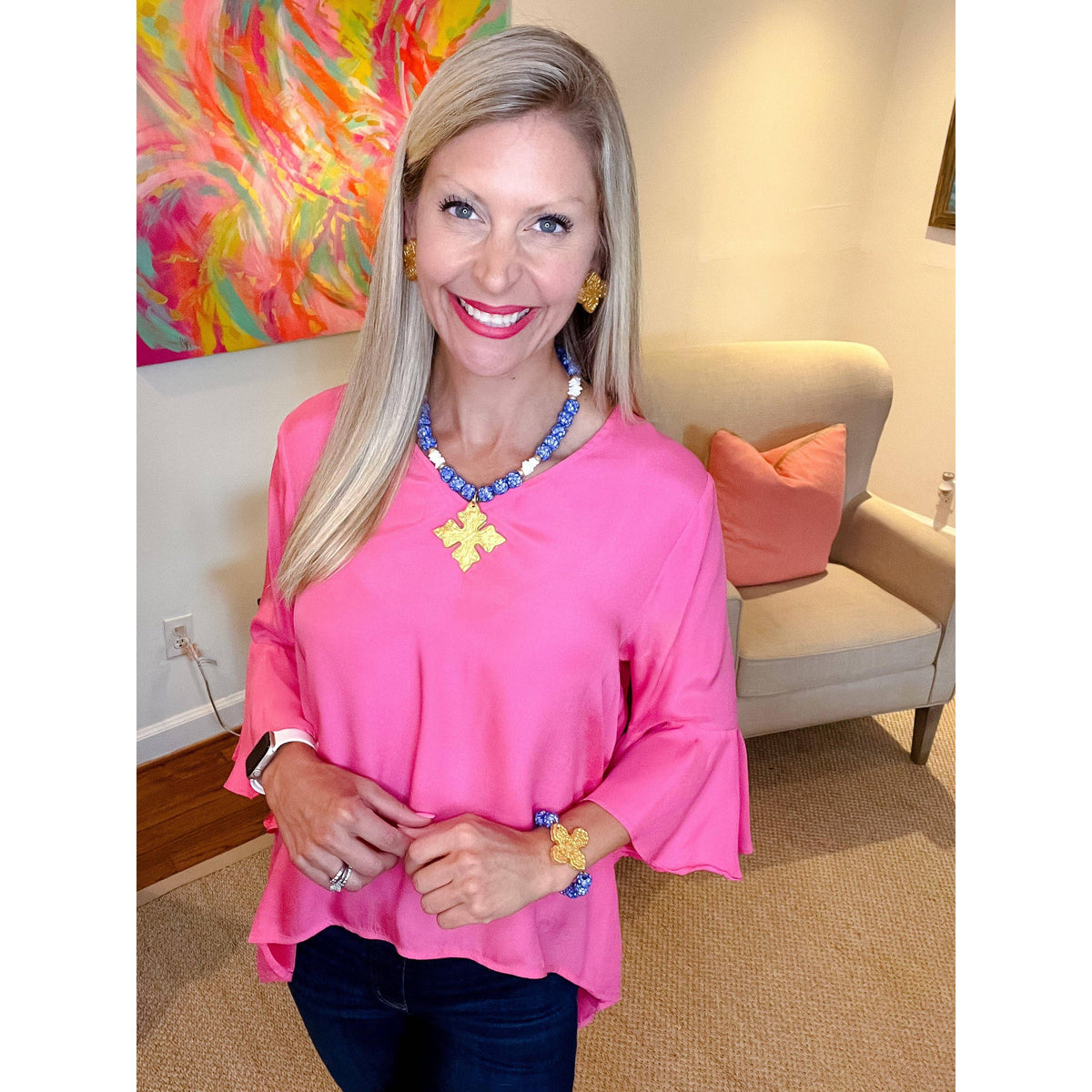 Blue and White African Glass with Susie Cross Bracelet