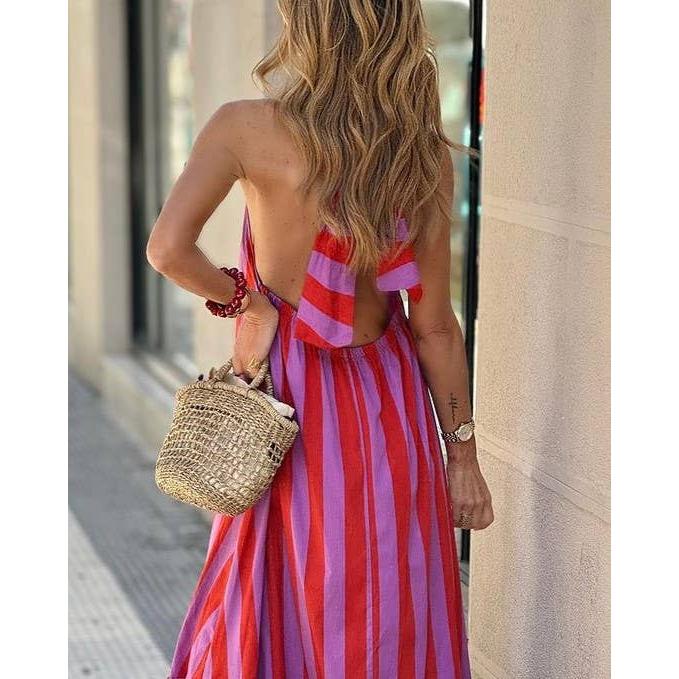 Halterneck Backless Striped Maxi Dress Rose Red / L