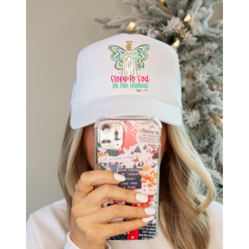 Glory To God Watercolor Angel Trucker Hat Christmas     