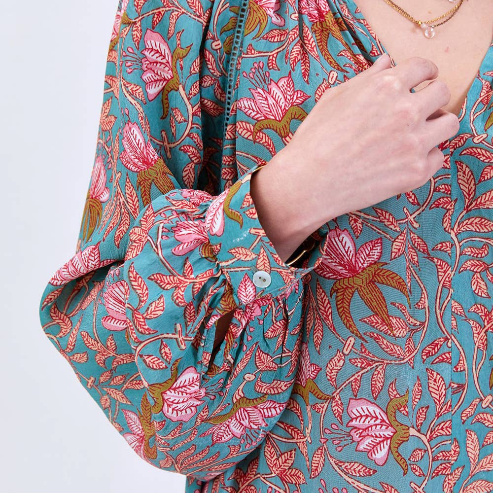 Aqua Pink Bohemian Floral Party Dress