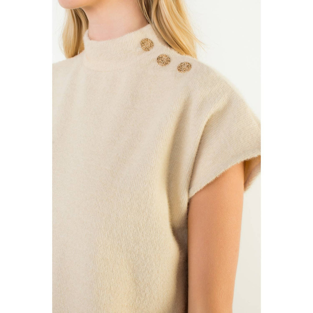 Shoulder Button Mock Neck Knit Top