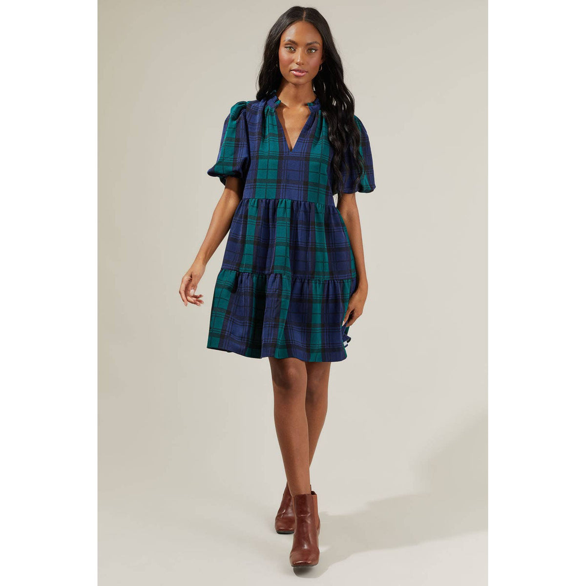 Hudson Plaid Jacey Babydoll Eyelet Mini Dress