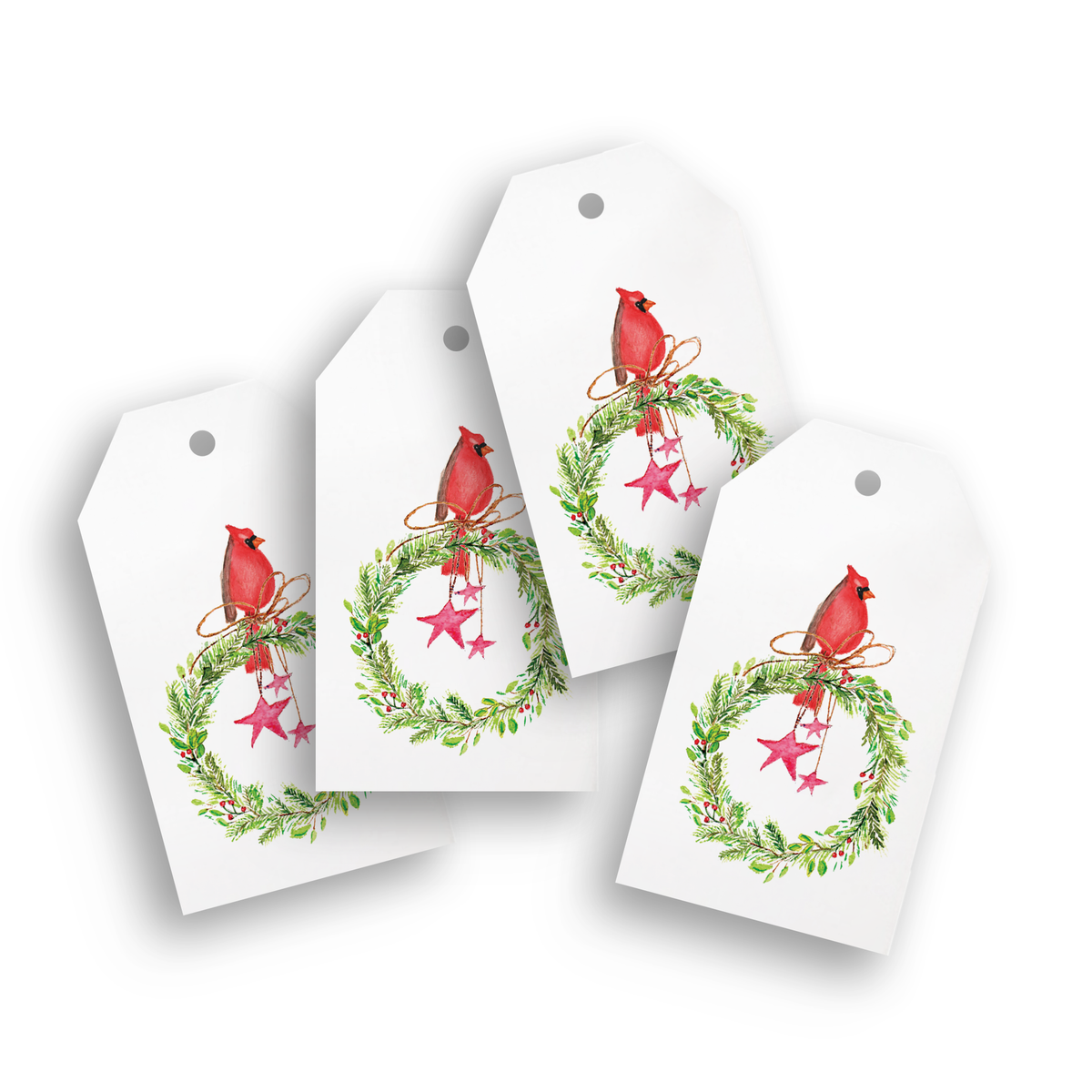 Cardinal Sitting On Wreath with Stars Gift Tags | Pack of 4