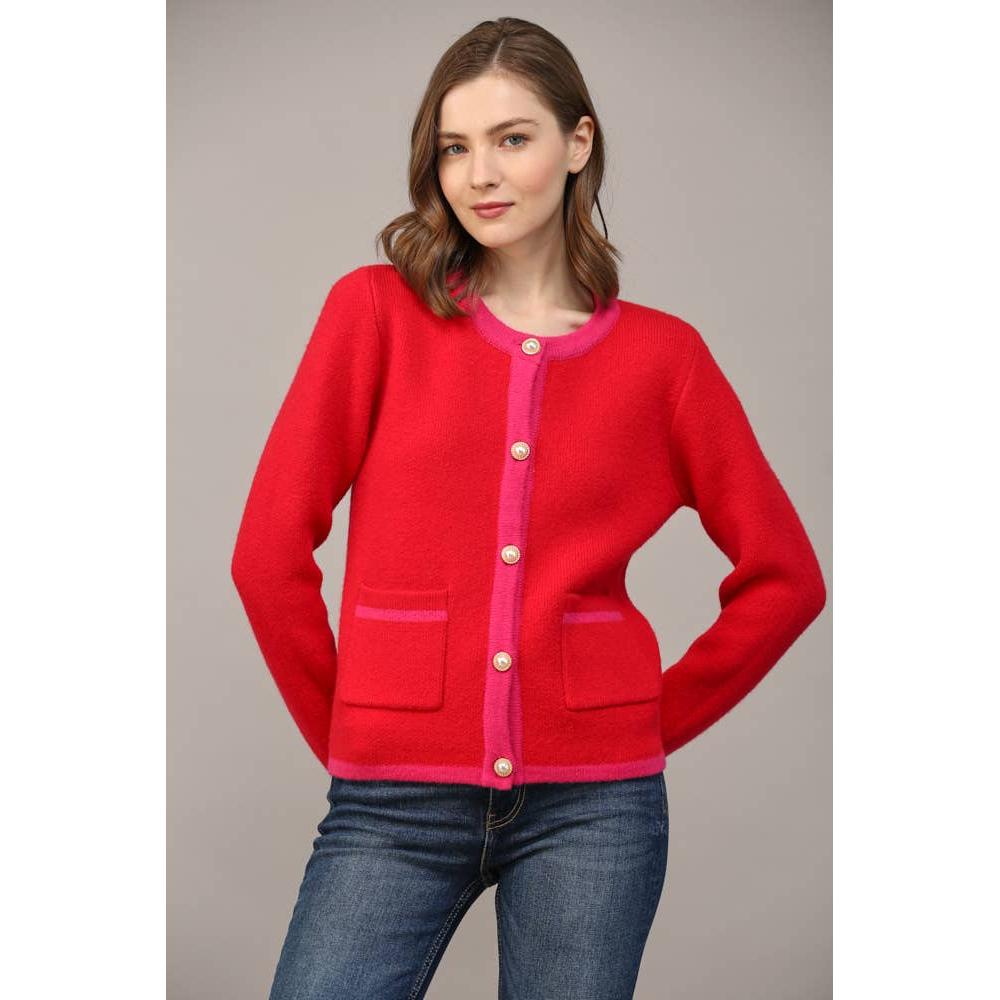 Front Button Color Block Cardigan Sweater